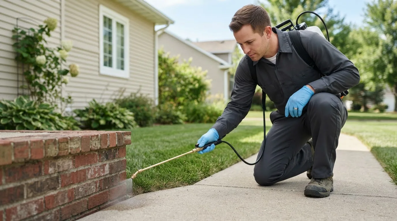 Pest control technician treating a home near Huntsville, MO