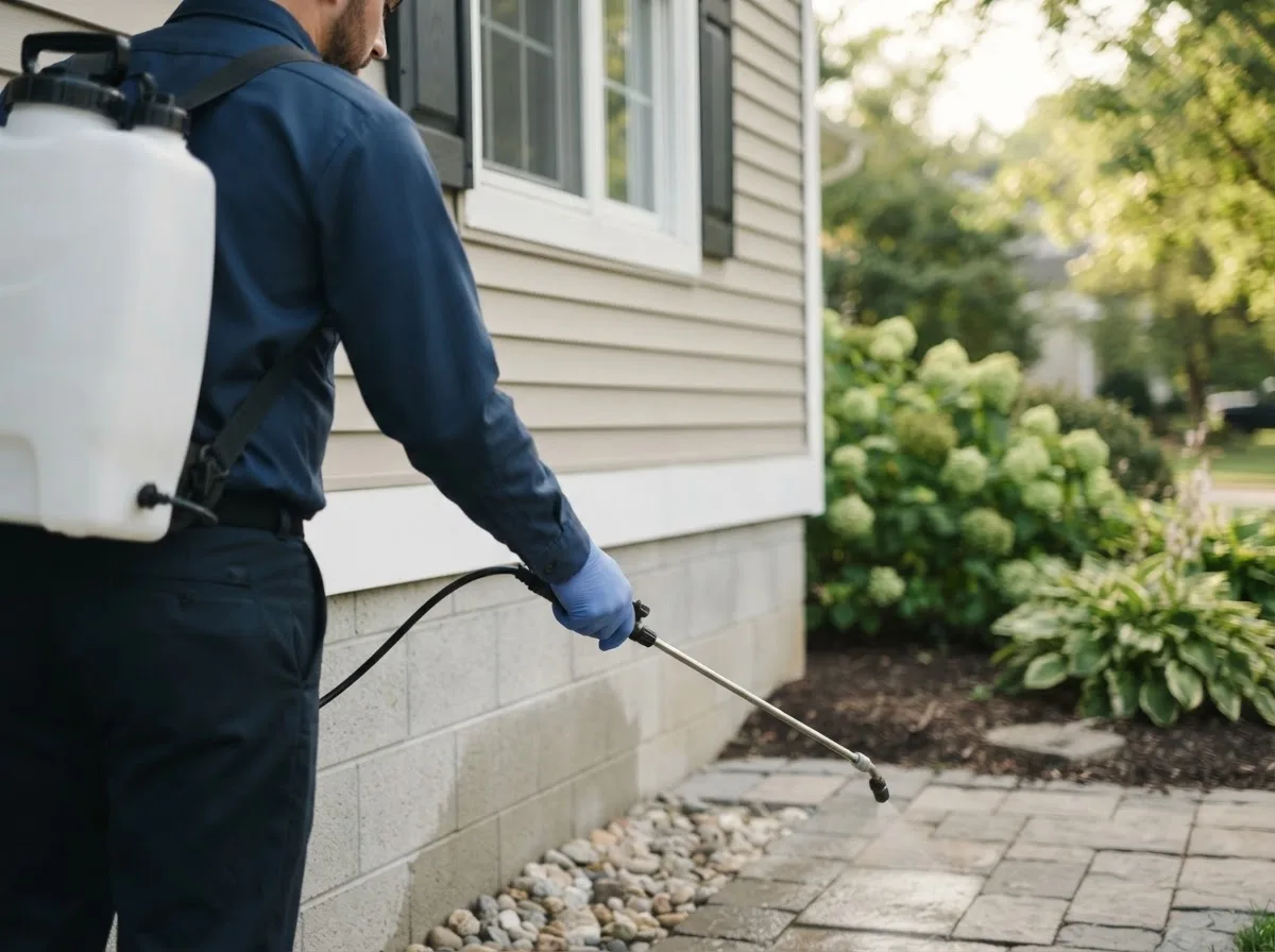Pest control technician inspecting a home in Huntsville, MO